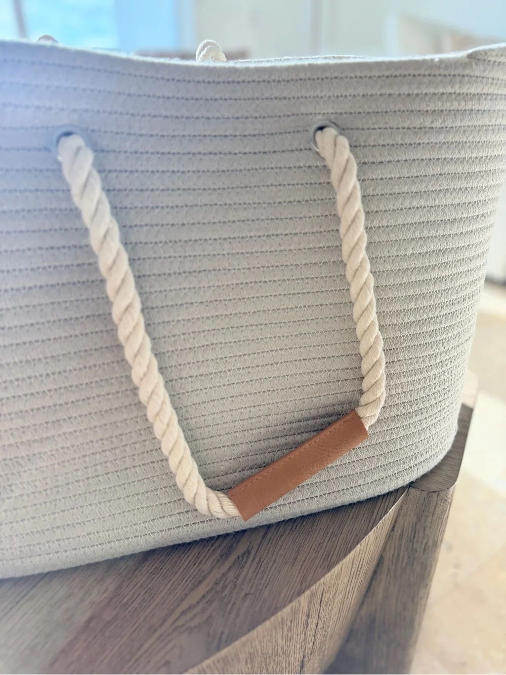 Neutral Cream Rope Tote with Leather Handle Accent